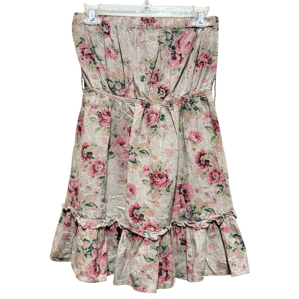 Blue Bird Floral Strapless Cotton Linen Mini Dress Pink Rose B1324